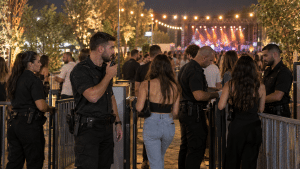 צוות מאבטחים בנקודת כניסה לאירוע חוץ בשעות הערב